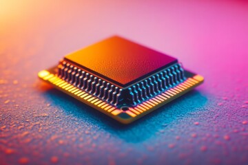 Poster - High definition close up of a glowing microchip surrounded by vibrant lights symbolizing the energy and innovation of modern computing technology