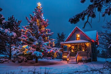 Wall Mural - A large Christmas tree with sparkling red and gold ornaments, standing tall next to a snowy Christmas house