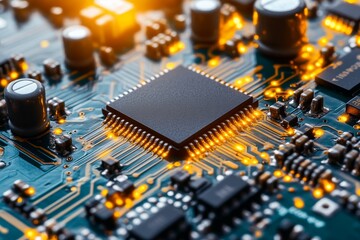 Canvas Print - Close up of a microchip on a circuit board with yellow and orange highlights representing the precision and advanced engineering of modern electronics