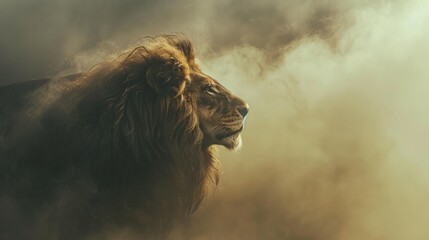 Wall Mural - Jesus the lion of Judah. Lion in the fog. Vintage style