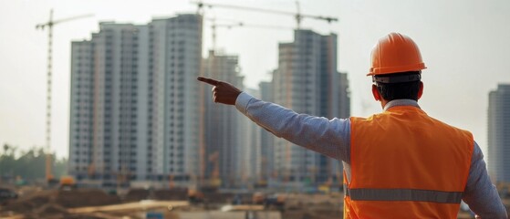 Indian engineer pointing towards a construction site under development high-rise buildings in the background engineering expertise industrial zone