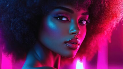 Fashion portrait of beautiful african american woman with afro hairstyle in neon lights