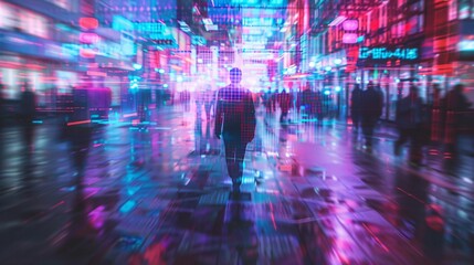 Blurred Cityscape with Neon Lights and Silhouettes of People