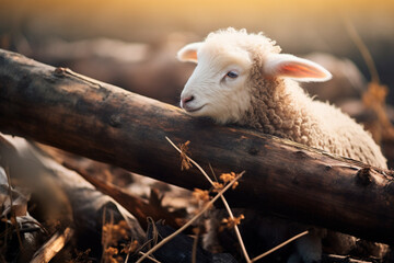 Innocent lamb in idyllic pasture and forest environment.