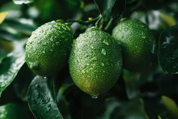 Fresh dew-kissed lemons on tree in orchard