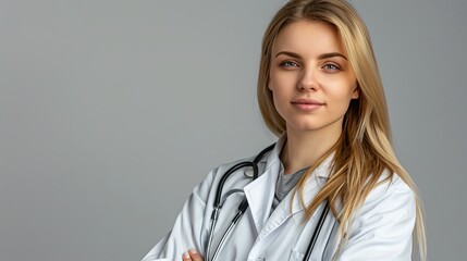 portrait of a young blonde female doctor with a stethoscope around her neck and in a medical uniform