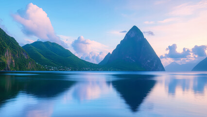 Canvas Print - Sunset landscape of the tropical coastline with green mountains and blue ocean