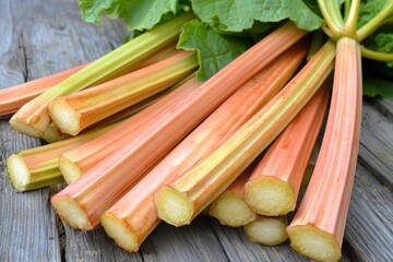 Wall Mural - Fresh organic rhubarb stalks on wooden surface