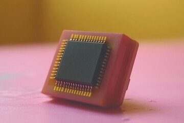 Poster - Macro shot of a red microchip on a pink surface illuminated by soft lighting symbolizing the intersection of bold design and modern technology