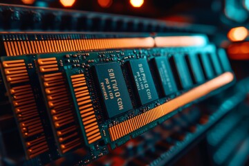 Poster - High definition close up of green memory chips on a circuit board illuminated by orange and blue lights showcasing the precision and complexity of modern electronics