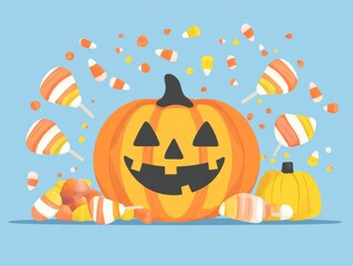 Wall Mural - Candy corn and lollipops with a smiling pumpkin, Halloween celebration, flat design illustration