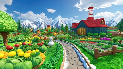 Whimsical 3D render of a fantasy farm with talking animals and oversized vegetables