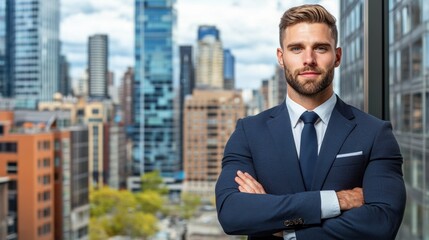 Canvas Print - A man in a suit standing outside with his arms crossed, AI