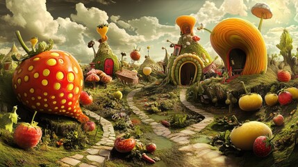 Whimsical 3D render of a fantasy farm with talking animals and oversized vegetables