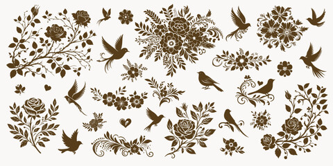 Wall Mural - Decorative wedding elements flowers and birds silhouettes.