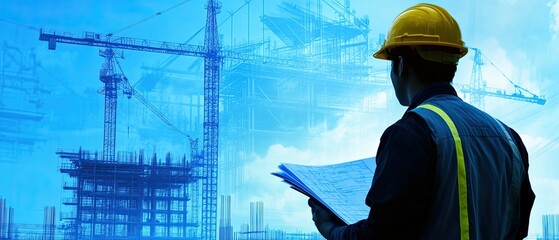 Japanese engineer working on-site with architectural plans and construction equipment in the background highlighting advanced engineering techniques and project management