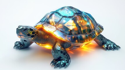 Wall Mural - A turtle with a luminescent crystal shell, its surfaces glowing with soft light, perfectly centered on a white background.