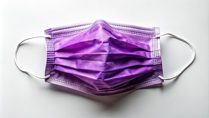 A vibrant purple surgical mask lies crumpled on a white background, emphasizing the importance of protection and hygiene during pandemic times.