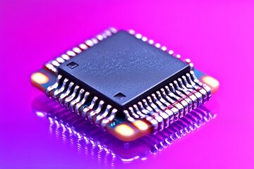 Wall Mural - colorful and vibrant microchip isolated on a neon purple background representing the dynamic energy 