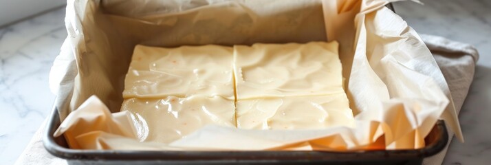 Canvas Print - Preparing parchment paper in a square baking pan for candy corn fudge??