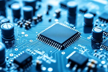 Canvas Print - Intricate macro shot of a microchip on a circuit board surrounded by a sea of blue tones illustrating the complexity and detail of modern electronics and technological advancements