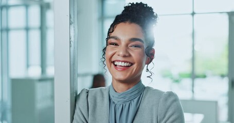 Poster - Face, businesswoman and happy with confidence, office and professional in finance agency for about us. Female person, smile and pride for job opportunity in career, asset management firm or company