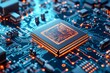 © Leo Rohmann - Detailed close up of a microchip embedded in a blue circuit board glowing with orange light symbolizing the fusion of innovation and energy in modern digital technology