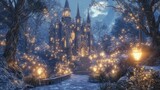 Whimsical 3D render of a fairy tale castle surrounded by magical creatures