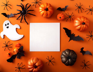 Wall Mural - happy halloween holiday theme decorations like spiders pumpkins bats ghosts orange background party greeting card mockup space text flat lay style