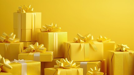 Wall Mural - Yellow gift boxes with matching ribbons and bows, stacked and arranged on a yellow background. 