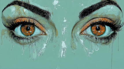 Wall Mural - Expressive Eyes on Green Canvas