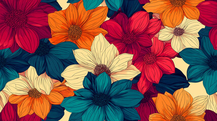  Vibrant floral pattern with large, bold flowers in red, orange, yellow, and teal. The seamless design is lively and colorful, set against a beige background.