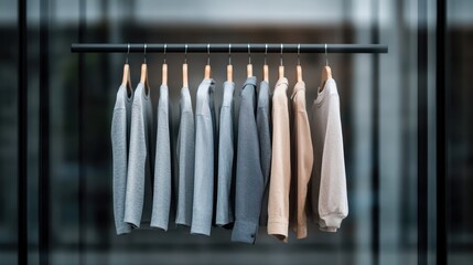 A collection of different colored jackets, including blue, gray, and beige, neatly organized on hangers and hung on a horizontal rail, ideal for a fashion display or wardrobe.