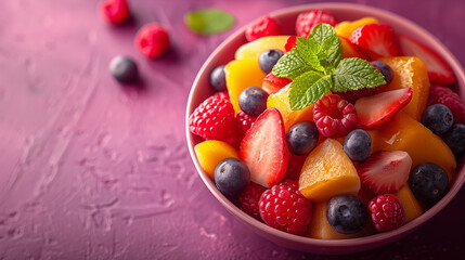 Wall Mural - Sliced fresh fruit on plate against vibrant purple textured background. Concept of healthy eating and natural produce.