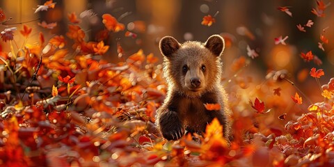 Wall Mural - A beautiful bear cub ran in a sea of flowers surrounded by autumn leaves.