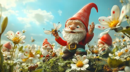 Whimsical 3D render of tiny garden gnomes in a magical garden