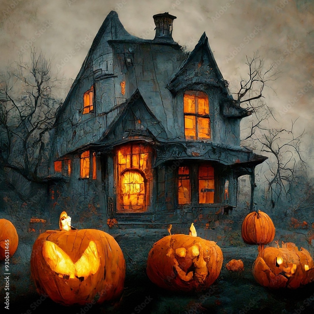 Halloween background with pumpkins and haunted house - 3D render ...
