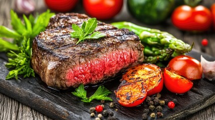 Wall Mural - Juicy ribeye steak garnished with vibrant herbs and accompanied by fresh tomatoes, served elegantly to highlight its rich textures and flavors