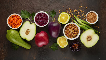 Canvas Print - Healthy food background concept with fruits and vegetables, legumes and grains rich in antioxidants, anthocyanins and vitamins, rustic style