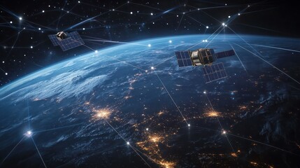 a satellite floating above earth, connecting multiple nodes with lines to form an array of global ne