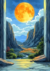 Wall Mural - A computer generated image of a mountain range with a large orange moon in the sky. The moon is positioned above a valley with a river running through it. The scene is serene and peaceful