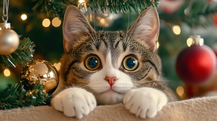 Canvas Print - A cat peeking out from behind a christmas tree with ornaments, AI