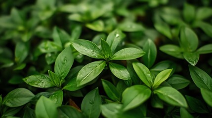 Wall Mural - A close-up of lush green leaves with dew drops, showcasing the vibrant textures and details of nature.