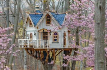 Enchanting Treehouse Amidst Blossoming Cherry Trees in Spring