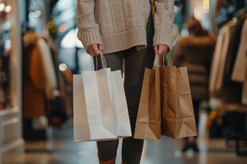 Wall Mural - Close-up of a woman's hand holding shopping bags in a fashion store, wearing a beige sweater and brown leather shoes, with a shopping bag containing inside Generative AI