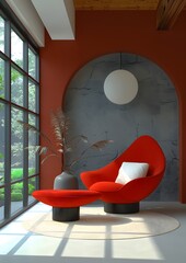 Sticker - A red chair is sitting in front of a window with a vase on a table. The room has a modern and minimalist design, with a white rug and a grey wall. The chair and vase create a cozy