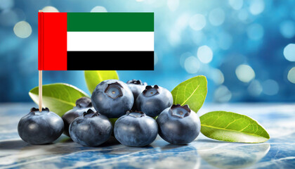 Wall Mural - flag of the United Arab Emirates and pile of blueberry fruit on marble surface against blurred background.UAE agriculture,import,export and production concept.