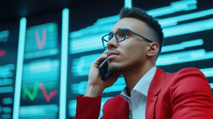 Canvas Print - A man in a red suit talking on his cell phone, AI