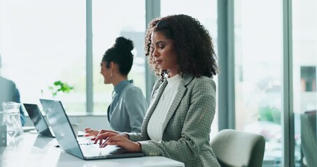 Poster - Businesswoman, laptop and typing in office or working on proposal, research on internet for company pitch. Female accountant, plan or computer for budget strategy, financial report or economy website