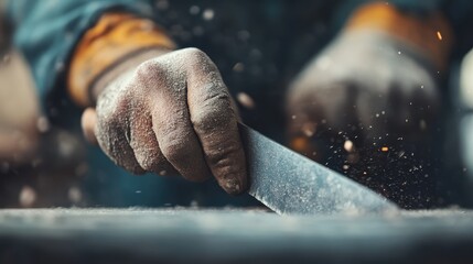 A detailed close-up image of a gloved hand skillfully handling a tool, with particles in the air, reflecting intense focus and precision in a workshop environment.